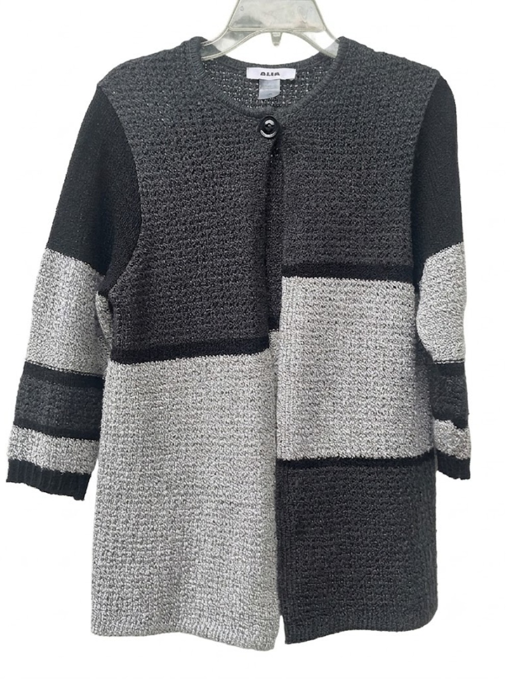 ALIA Colorblock Knit Cardigan Sweater Grey Black Button Front Size S/P